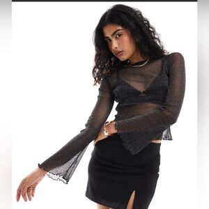 ASOS DESIGN glitter mesh sheer angel sleeve top in black